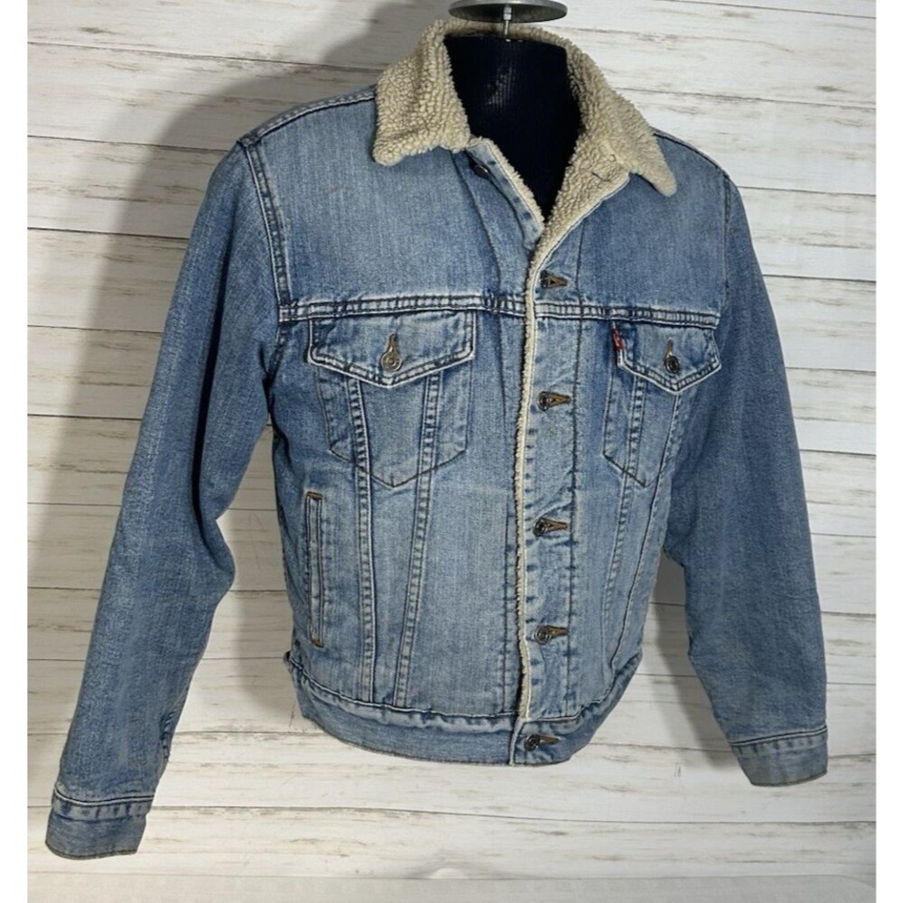 Vtg. Levi's Blue Denim Standard Trucker Sherpa Lined Jean Jacket Size SMALL Mens